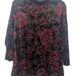 Chico's Black and Red Boxy Burnout 3/4 Sleeve Blouse